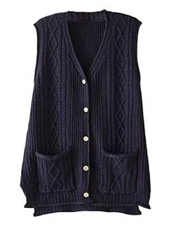 FTCayanz Damen Weste Ärmellose Strickjacke Cardigan V-Ausschnitt Knopf Strickweste mit Tasche Marine XL von FTCayanz