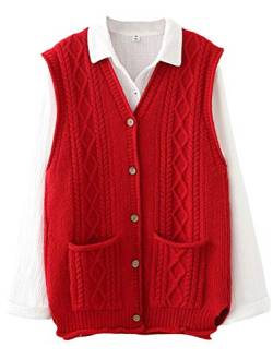 FTCayanz Damen Weste Ärmellose Strickjacke Cardigan V-Ausschnitt Knopf Strickweste mit Tasche Rot 2XL von FTCayanz