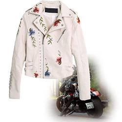 Kunstlederjacke Damen Blumen Bestickt Jacke mit Reißverschluss，Motorradjacke Bikerjacke Übergangsjacke Oberbekleidung，Women's Floral Embroidered Faux Leather Moto Jacket von FTIK