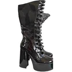 FUIPOT Plateaustiefel mit klobigem Absatz für Damen, sexy Riemchenstiefel mit Schnürung, Kniehohe Stiefel, runde Zehenpartie, wasserdichte Plateaustiefel, seitlicher Reißverschluss,Schwarz,42 EU von FUIPOT