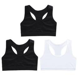 FUIPVGI 3 Stück Mädchen Sport BH Bustier, Baumwolle Ohne Bügel Bralette Bustier Mädchen, Trainings-BH für Mädchen 8-14 Jahre Cami Crop Top Sport BH (2Schwarz, 1Weiß) von FUIPVGI