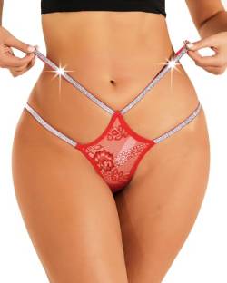 FULLJOYLOVE Frauen Kristall G-String Nahtlose Unterwäsche Spitze Sexy Riemchen Tanga No Show Unterwäsche Höschen Rot von FULLJOYLOVE