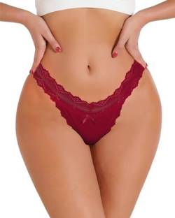 FULLJOYLOVE Frauen Spitze Bund Unterwäsche Große Größe Tanga Weiche Spitze Floral Stretchy Hipster Höschen Mittlere Taille Rot von FULLJOYLOVE