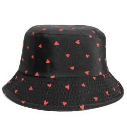 FULUJIDI Bucket Hat Hut Eimerhut Mit Herz-Aufdruck Outdoor-Kopfdekoration Unisex Bequeme Baumwolle Panama Fisherman-Kappen M (56–58 cm) Schwarz von FULUJIDI