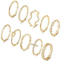 FUNEIA 10 Stück Ringe Damen Gold 14 Karat Vergoldet Ring Set Gold Stapelringe Fingerring Gold Frauen CZ Dünn Verlobungsring Goldene Ringe Wasserfest Modeschmuck von FUNEIA