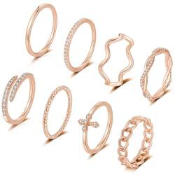 FUNEIA 8 Stück Ringe Damen Gold Silber Rosegold 14 Karat Vergoldet Ring Set Gold Fingerringe Stapelringe Knöchelring Frauen CZ Dünn Verlobungsring Goldene Ringe Wasserfest Modeschmuck von FUNEIA