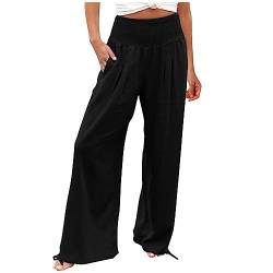 FUPODD Leichte Sommerhose Damen Marlenehose Elegant Culottes Hosen Breite Bein Anzughose Damen Elastisch Bund Freizeithose Mit Seitentaschen Baggy Hosen Bequeme Luftige Hose Baumwolle von FUPODD