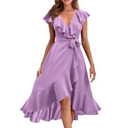 Midikleid Damen V Ausschnitt Rüschen Sommerkleider Damen Leicht Und Luftig Casual Kleider Damen A Linie Schick Elegant Sommerkleid Damen mit Gürtel Strandkleid Damen Asymmetrisch Schwingen von FUPODD