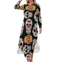 Mexican Dead Skulls Damen-Hemdkleid, langärmelig, Knopfleiste, langes Maxikleid, lässige Bluse, Swing-Kleider von FWJZDSP