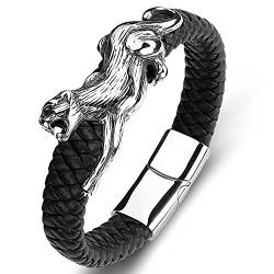 FWSHANGMAO Lederarmband,Herren Armbänder Leder Panther Form Lederarmband Modeaccessoires Schnalle Schwarz Geflochtenes Lederarmband Charm Schmuck Für Damen Herren Geschenk 200Mm von FWSHANGMAO