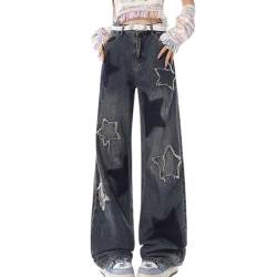 FYHTC Y2K Streetwear Taschen Up Cargo Jeans Grau Stern Print Low Rise Gothic Straight Pants Denim Grunge Baggy Pant Vintage(Black,Large) von FYHTC