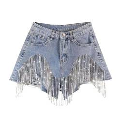 Jeansshorts Damen Risse High Taille Denim Shorts Strass Fransen Jeans Kette Jeans A-Linie Weites Bein Heiße Hose mit Taschenlässig Solide Farbe Hoch Taillierte Hotpants(X-Large) von FYHTC