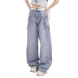 Süße Jeans für Frauen und Mädchen, Stern Patchwork Hose Y2K Hohe Taille Gerades Bein Baggy Jeans Lässige Preppy Kleidung(Size:Medium) von FYHTC