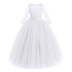 Blumenmädchen Kleid Kinder Mädchen Langes Abendkleid Festlich Hochzeit Brautjungfern Partykleid Tütü Tüll Prinzessin Spitzenkleid 3/4 Arm Festzug Cocktail Erstkommunion Ballkleid Weiß 5-6 Jahre von FYMNSI