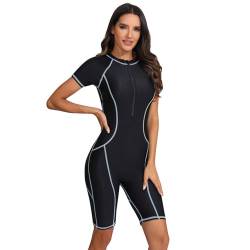 Damen Badeanzug mit Bein Rei?verschluss Vorne Surfanzug Einteiler Kurzarm Rashguard UPF 50+ Bademode Surfen Schwimmanzug Bauchweg Sportlich Sonnenschutz Push Up Badebekleidung Swimsuit Schwarz L von FYMNSI