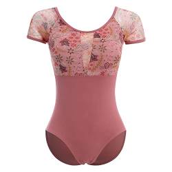 Damen Ballettanzug Ballettbody Sport Yoga Tanz Body Gymnastikanzug Trikot Kurzarm Bodysuit Blumenmuster Einteiler Mesh Turnanzug Gepolstert Rückenfrei Leotards Ballett Bekleidung Staubige Rosa S von FYMNSI