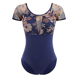 Damen Ballettanzug Ballettbody Sport Yoga Tanz Body Gymnastikanzug Trikot Kurzarm Bodysuit Blumenmuster Einteiler Mesh Turnanzug Gepolstert Rückenfrei Leotards Overall Ballett Bekleidung Dunkelblau L von FYMNSI