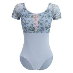 Damen Ballettanzug Ballettbody Sport Yoga Tanz Body Gymnastikanzug Trikot Kurzarm Bodysuit Blumenmuster Einteiler Mesh Turnanzug Gepolstert Rückenfrei Leotards Overall Ballett Bekleidung Hellblau M von FYMNSI