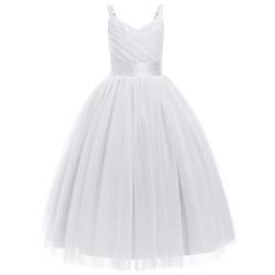 FYMNSI Blumenm?dchen Kleid Kinder M?dchen Tr?ger V-Ausschnitt ?rmellos Geburtstag Partykleid Prinzessin T?llkleid Maxikleid Hochzeit Brautjungfer Festkleid Langes Abendkleider Wei? 12 Jahre von FYMNSI