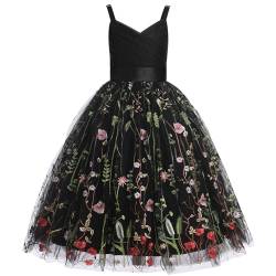 FYMNSI Blumenm?dchen Kleid Kinder M?dchen Tr?ger V-Ausschnitt ?rmellos Geburtstag Partykleid Prinzessin T?llkleid Maxikleid Hochzeit Brautjungfer Festkleid Langes Abendkleider Schwarz 12 Jahre von FYMNSI