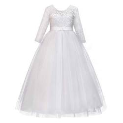 FYMNSI Blumenmädchen Kleider Kinder Festlich Hochzeit Brautjungfern Partykleid Prinzessin Tütü Tüllkleid Festzug 3/4 Arm Spitzenkleid Erstkommunion Abendkleid A-Linie Festkleid Weiß 7-8 Jahre von FYMNSI