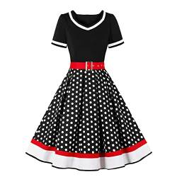 FYMNSI Damen 50er Jahre Rockabilly Kleid 60er Retro Vintage Gepunktet Kleid Mit G?rtel Audrey Hepburn Kurzarm Partykleider Festkleid Midikleid A Linie Swing Abendkleider Cocktailkleider Schwarz 3XL von FYMNSI