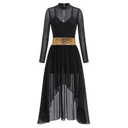 FYMNSI Damen Lyrisch Tanzkleid Ballettkleid Langarm Maxikleid High Low Tüll Langes Trikotkleid Modern Contemporary Tanzkostüme Latein Rumba Tango Ballsaal Turnanzug Bühnenanzug Kostüm Schwarz M von FYMNSI