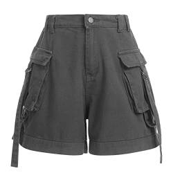 FYMNSI Kurze Hosen Damen Sommer Cargo Shorts Milit?r Casual Elastische Taille Freizeithose mit Taschen Hotpants Baumwolle Outdoorhose Arbeitshose Jeans Bermuda Shorts Outdoor Wandern Short Grau XL von FYMNSI