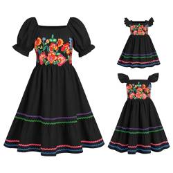 FYMNSI Mutter Tochter Partnerlook Kleid Damen Mädchen Baby Kurzarm Knielange Strandkleid Boho Freizeitkleid Blumen Gedruckt Partykleid Mama und Mich Passend Familie Fotoshooting Schwarz 4-5 Jahre von FYMNSI