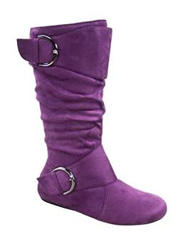 FZ-Fits Damen Geschlossene runde Zehenschnalle Seitliche Reißverschluss Schnalle Slouch Flacher Absatz Mid Calf Boot, Violett, 40 EU von FZ-Fits