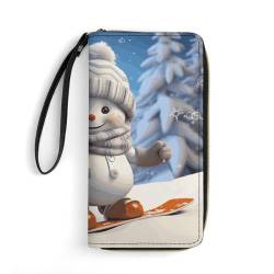 FZQVSWTX Damen-Geldbörse aus Leder, mit Clownfisch-Motiv, großes Fassungsvermögen, Clutch, Kreditkartenetui, Niedlicher Snowboard Schneemann, 19.7x10.5cm von FZQVSWTX