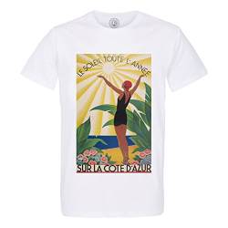 Rundhals-T-Shirt aus Bio-Baumwolle für Herren Sonne Côte d'Azur Strand Poster Vintage Reisen Art Deco 30er Jahre von Fabulous