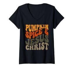 Damen Kürbisgewürz und Jesus Christus Herbst Ernte September T-Shirt mit V-Ausschnitt von Fall Autumn Harvest Shopp