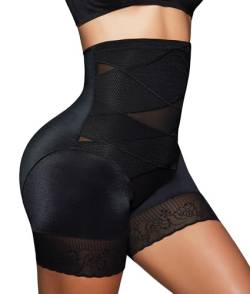 Falorda Damen Shapewear Bauchkontrolle Body Shaper Shorts Hochtailliert Schlankmachend Po-Lifter Unterwäsche Spitze Slip Shorts (M, Schwarz) von Falorda