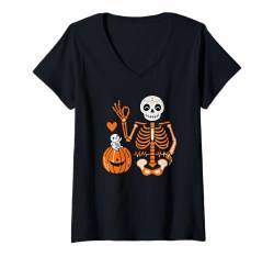 Damen Schwangere Skelett Mutter Halloween Schwangerschaft Baby Ankündigung T-Shirt mit V-Ausschnitt von Family Halloween Apparel