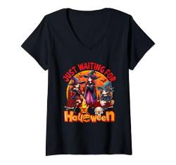 Damen Waiting For Halloween Moon Three Horror Witches Lover Party T-Shirt mit V-Ausschnitt von Family Lover Halloween Costume