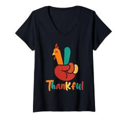 Damen Dankbares Dankeschön, Truthahnhände, Gebärdensprachliebhaber T-Shirt mit V-Ausschnitt von Family Lover Thanksgiving Costume