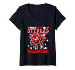 Damen Proud My Stepdad Is My Valentine's Day Dabbing Heart Bow Tie T-Shirt mit V-Ausschnitt von Family Men Valentine Costume