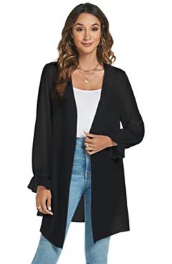 Famrrifuu Chiffon Cardigan Damen Lang Sommer Strickjacke Leichte Langarm Strand Cover up Elegant Kimono Cardigan,Schwarz,S von Famrrifuu