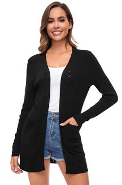 Famrrifuu Damen Strickjacke Lang Cardigan Sommer Leichte Jacke Casual Langarm Elegant Sommerjacke mit Tasche,Schwarz,L von Famrrifuu