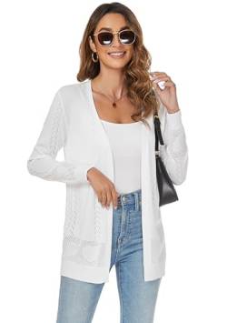 Famrrifuu Sommer Strickjacke Damen Leicht Jacke Lang Sommerjacke Langarm Elegant Cardigan,Weiß,M von Famrrifuu