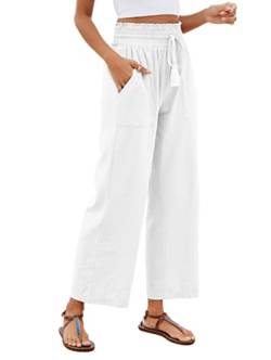 Famulily Damen Casual Baumwolle Leinen Hose Weites Bein Loungehose mit Taschen Elastische Hohe Taille mit Kordelzug Hose, weiß, M von Famulily