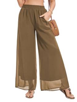 Famulily Damen Sommer Chiffon Hohe Elastische Taille Palazzo Strandhosen Bequeme Lounge Hosen mit Taschen Khaki XL von Famulily