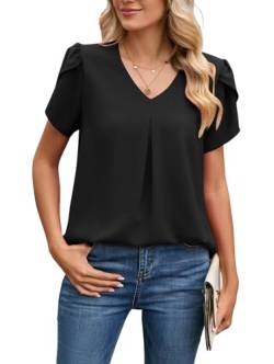 Famulily Damen Sommer Chiffon Tops V Ausschnitt T-Shirts Ladiess Dressy Blütenblatt Kurzarm T-Shirts Tunika Tops Bluse, Schwarz , Large von Famulily