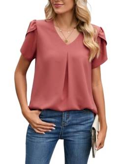 Famulily Damen Sommer Chiffon Tops V Ausschnitt T-Shirts Ladiess Dressy Blütenblatt Kurzarm T-Shirts Tunika Tops Bluse, ziegelrot, Large von Famulily