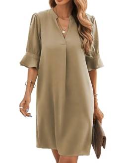 Famulily Damen Sommerkleider 2024 Kurzarm V-Ausschnitt Flowy Mini Dress Boho Ruffle Dress Khaki S von Famulily