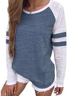 Famulily Damen Streifen Langarmshirt Tops Elegant Lose Baseball T-Shirt Sweatshirt Bluse, Blau , 42 von Famulily