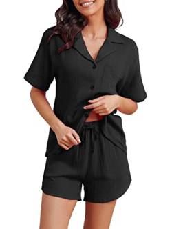 Famulily Einfarbiges Schlafanzug Damen Kurz Set Baumwolle NachtwäSche Set Shorts Und Bluse Set Kuschelig Homewear Frauen Set Elegant Schwarz S von Famulily