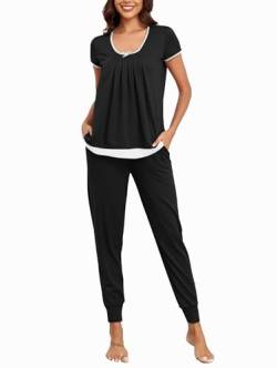 Famulily Schlafanzug Damen Kurzarm Hausanzug 2-Teilig Sommer Kurz Aesthetic Pyjama Kuschelig Warm Pj Set Schwarz S von Famulily