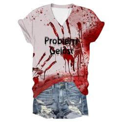 Problem Gelöst Print Halloween Tshirt Damen I'm Fine Blood Kurzarm V-Ausschnitt T Shirt mit Blutigem Bedrucktes Shirts Blut Verletzung Halloween-Kostüm Horror Leicht T-Shirt Tops Oberteil von Famzuneu